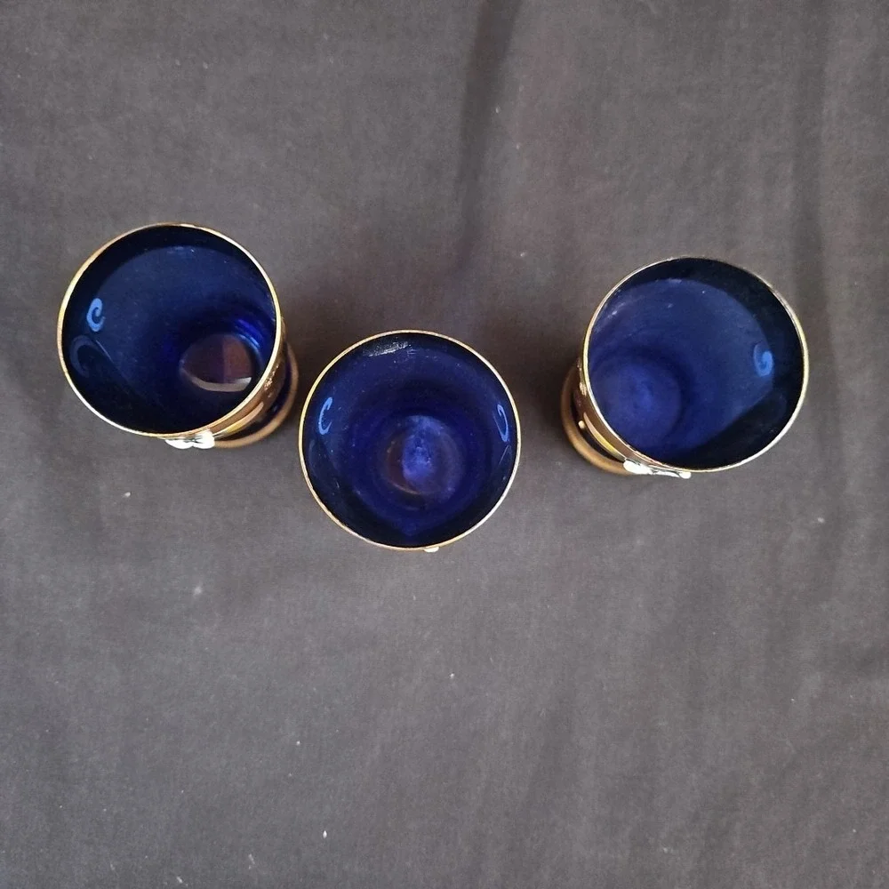 Vtg Blue‎ Cobalt Gold Glided Hand Painting Bohemia Czech Shot Glasses Set of 3